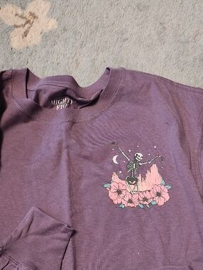 Mighty Fine Purple Crewneck with Skeleton & Floral Graphic